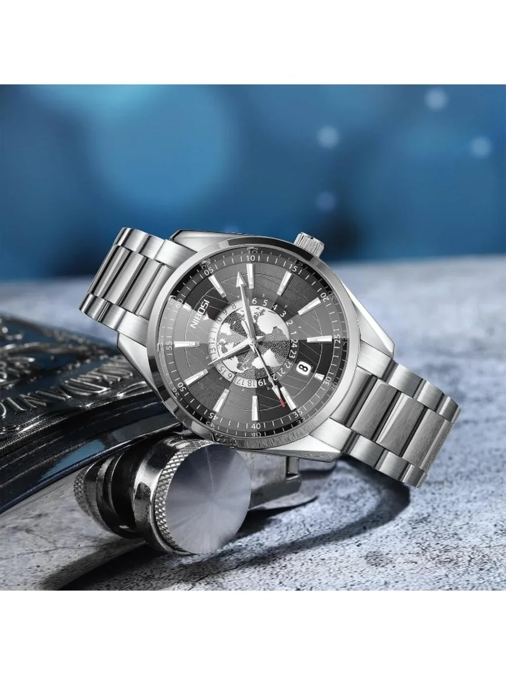 Men's Silver Black Analog Quartz Stainless Steel Waterproof Casual Wrist Watch
